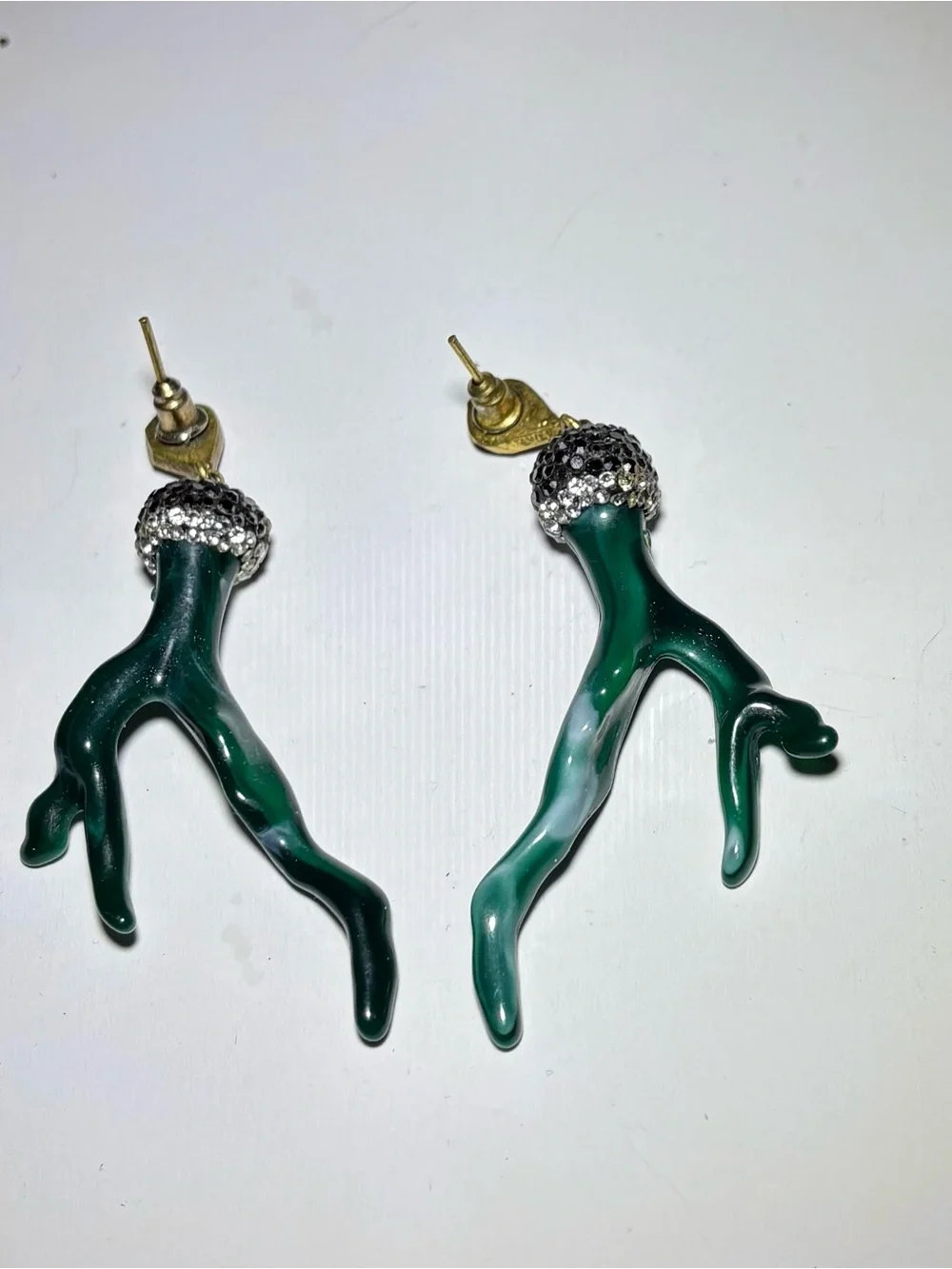 Green Coral Branch Drop Earrings with Rhinestone Caps